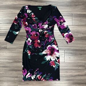 Ralph Lauren Black Floral Cocktail Dress Draped Cowl Neck - Size 4